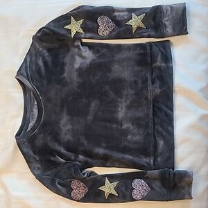 So Cozy Crewneck gray velour sweat shirt glitter stars and hearts girls Large
